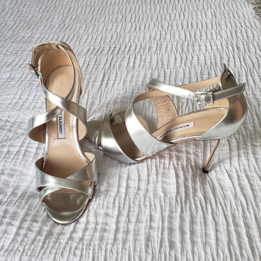 Manolo Blahnik silver strappy heel